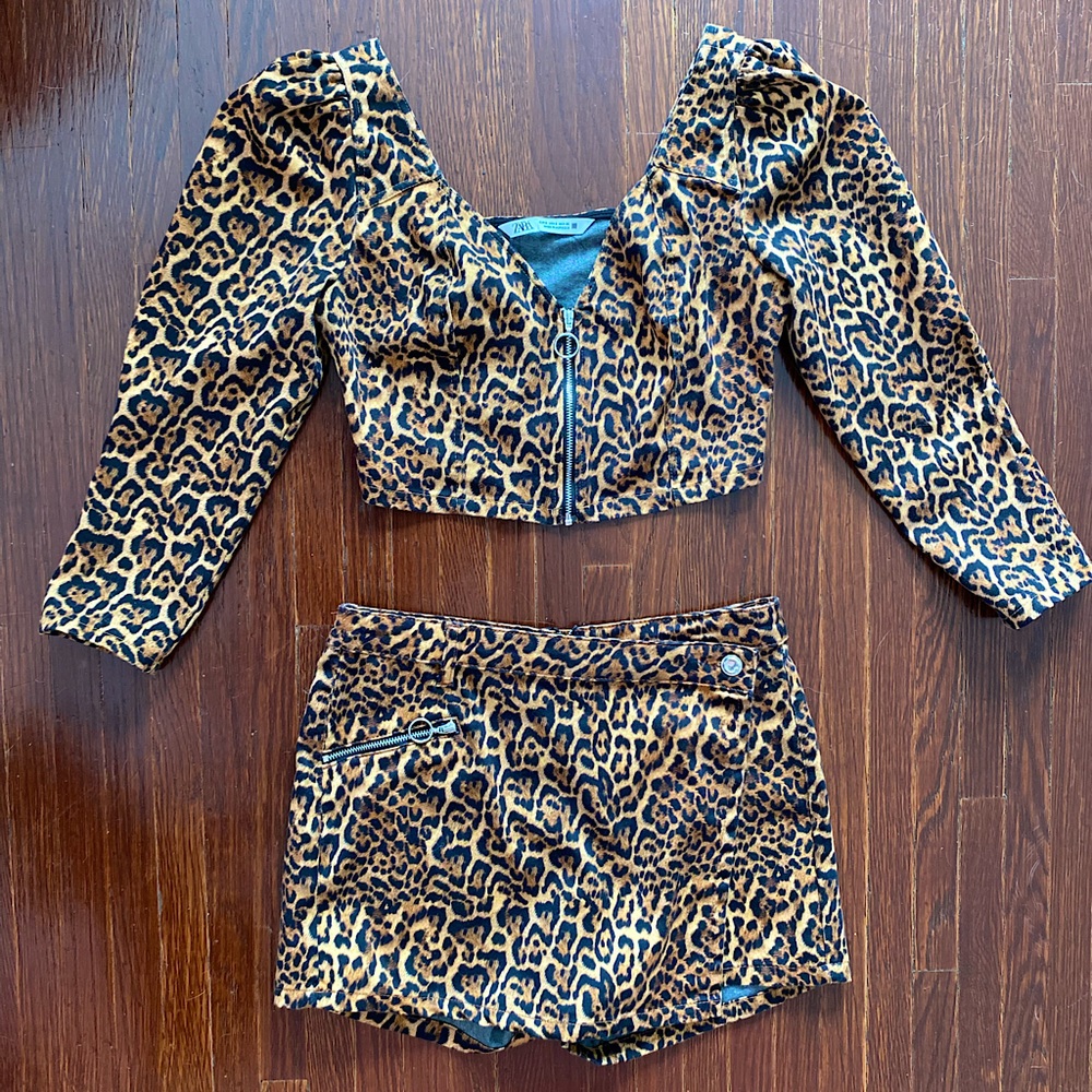 ZARA leopard cropped top and skirts set SZ S